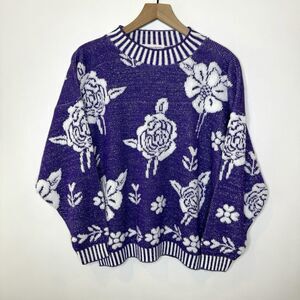 GLAMOUR KNIT VINTAGE Purple METALLIC THREAD Rose SWEATER Sz LARGE Made In USA